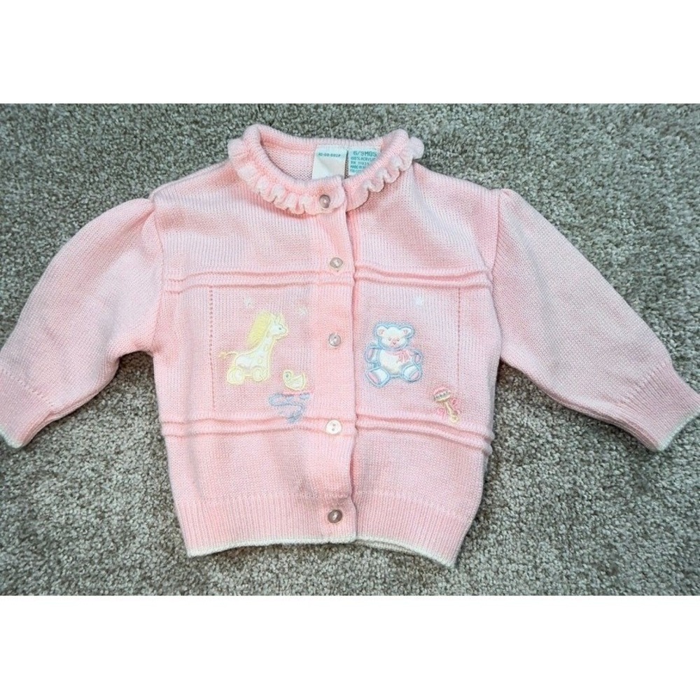 Bright Future Vintage Pink Knit Baby Cardigan Embroidered Animals 6-9 Months